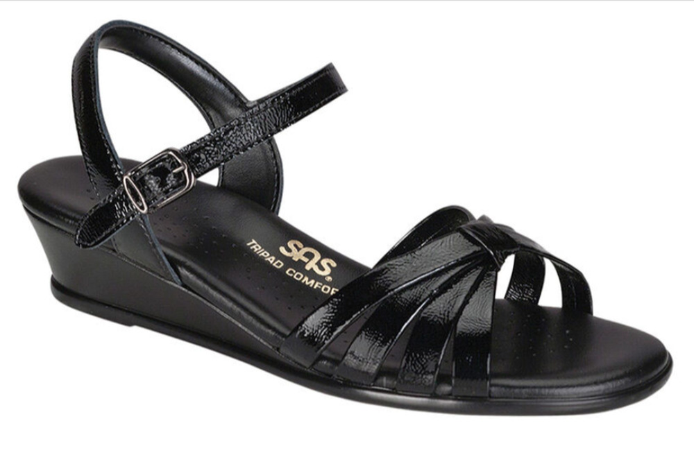 SAS Strappy Black Patent Leather Wedge Sandal Strappy Comfort Women’s Size 6M